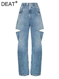 Jeans de mujer DEAT Moda para mujer Pantalones de mezclilla de pierna ancha de cintura alta sueltos Pantalones vaqueros rectos largos azules huecos Primavera 2024 Nuevo L2901H J240306