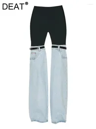 Jeans Femmes DEAT Femmes Taille Haute Droite Patchwork PU Cuir Boucle Contraste Couleur Denim Pantalon 2024 Automne Mode 17A2013H