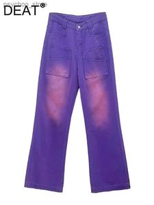 Women's Jeans DEAT femmes jean taille haute ample dégradé droit Micro Flare cravate-teinture violet Cargo Denim pantalon 2023 automne mode 29L1765 Q230904