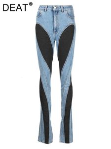 Women's Jeans DEAT femmes jean mince Patchwork poche taille haute couleur contrastante longue Denim crayon pantalon automne mode 1DF2575 230907