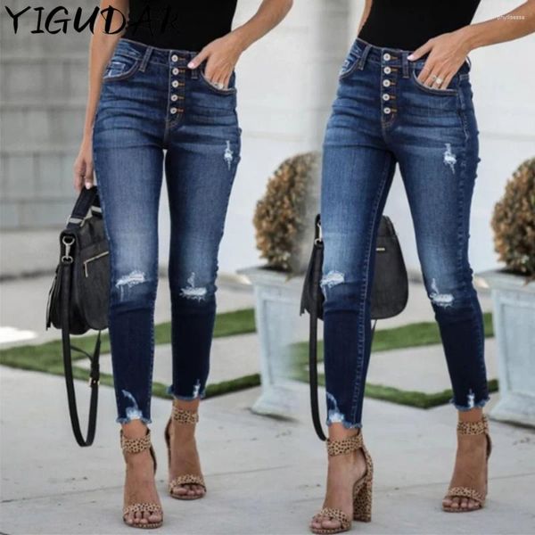 Jeans para mujer Deep Blue Holoe Borla Botón Cintura Alta Slim Pies Pequeños Pantalones Mujeres Suavizante Casual Fit 2024 Moda para