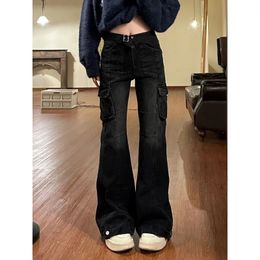 Jeans pour femmes Deeptown Black Cargo Flare Jean Streetwear Vintage Baggy coréen taille haute Denim pantalon Y2k casual Kpop pantalon large 231218
