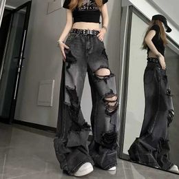 Jeans pour femmes Deeptown noir Y2k jean craquelé Harajuku femmes gothique Grunge pantalon en denim en sac vêtements de rue coréens Gyaru pantalon Kpop hippie nouveau J240306