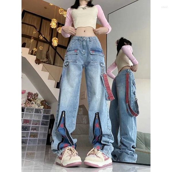Jeans para mujer Deeptown Gyaru Star Girl Y2k Acubi Mujeres Streetwear Oversize Harajuku Cargo Suspender Pantalones Denim Patchwork Moda coreana