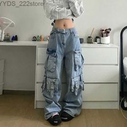 Jeans féminins Deeptown Heavy Industrial Goods Jeans Femmes rétro Extros Extro Pocket Wide Leg Street Clothing Gyaru Denim Pantal