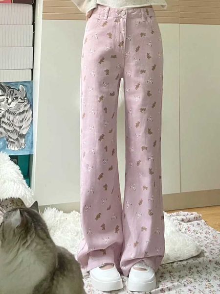 Jeans femme Deeptown Kawaii mignon ours rose jean en sac pour les femmes mode coréenne pantalon en denim surdimensionné doux style japonais jambe large fille pantalon J240217