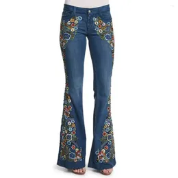 Jeans pour femmes denim au fond des femmes taies destoryed flare broderie bouton bouton de cloche vintage extension décontractée mince pleine longueur