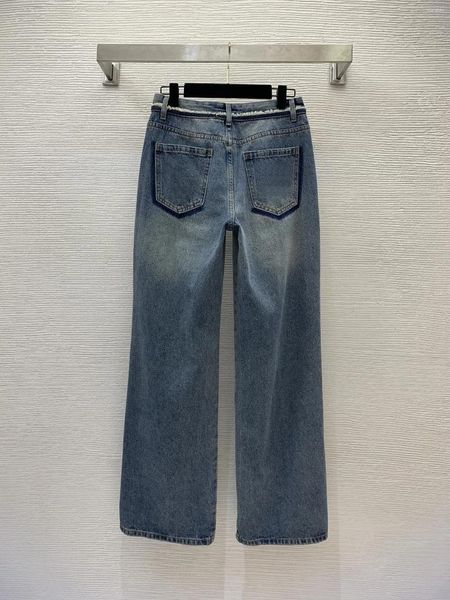 Jeans en tissu Denim pour femmes, tissu des deux côtés, couleur contrastée, bord à franges, poche arrière, bâton de lettres, diamant, mode droite, W2145