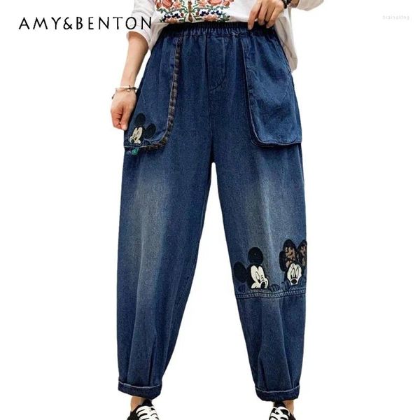 Pantalones de mezclilla de mezclilla de jeans para mujeres 2024 Autumn Cartoon Borded Elastic Wisted Wear-White Retro Loose Posts para Y2K