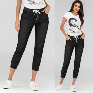 Pantalon de jogging en jean pour femme, pantalon court avec cordon de serrage, taille élastique