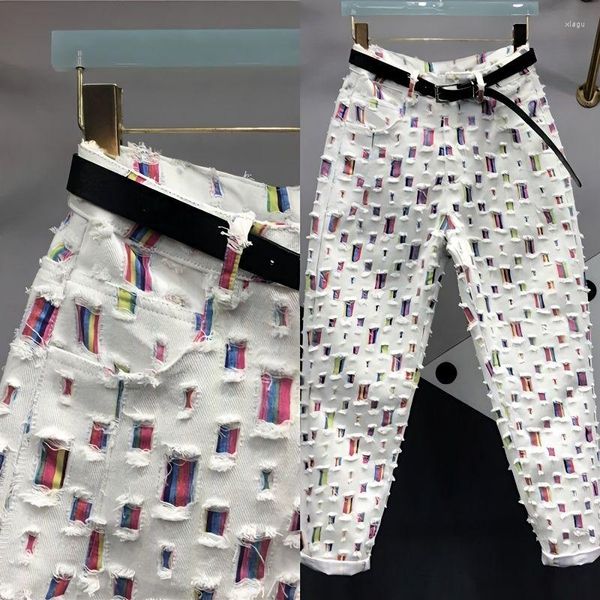 Pantalones vaqueros de mezclilla para mujer, pantalones Kawaii para 2023 agujeros, pegatina colorida, primavera europea, versátil, cintura alta, Haren, moda alternativa