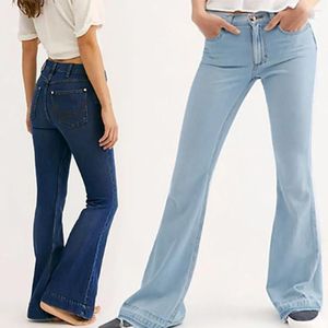 Dames jeans denim gebreide broek 20w dames vrouwen flare mid taille bel rek slanke lengte afslank voor
