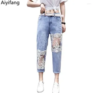 Jeans para mujeres Denim Pantalones sueltos de tobillo de verano Peading Hole Patchwork Elasticidad Fashion Pantalones transversales de cintura alta