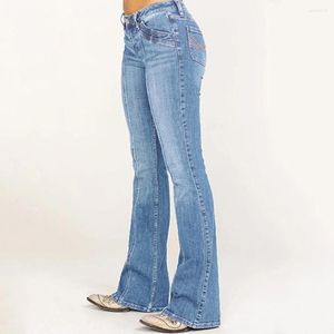 Jeans féminins en denim Mid Waited Brodery Stretch Button Pantalon Flare 90s Vintage Vintage