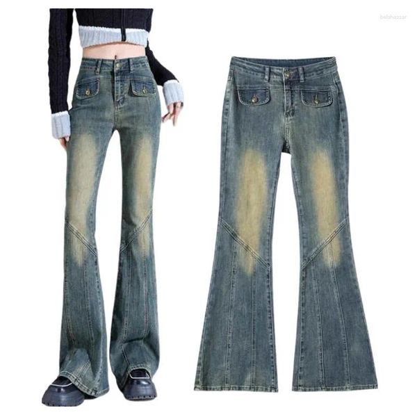 Jeans para mujer Pantalones de mezclilla para mujer Flare Bolsillo delantero Primavera Otoño Cintura alta Estilo de calle Campana de herradura