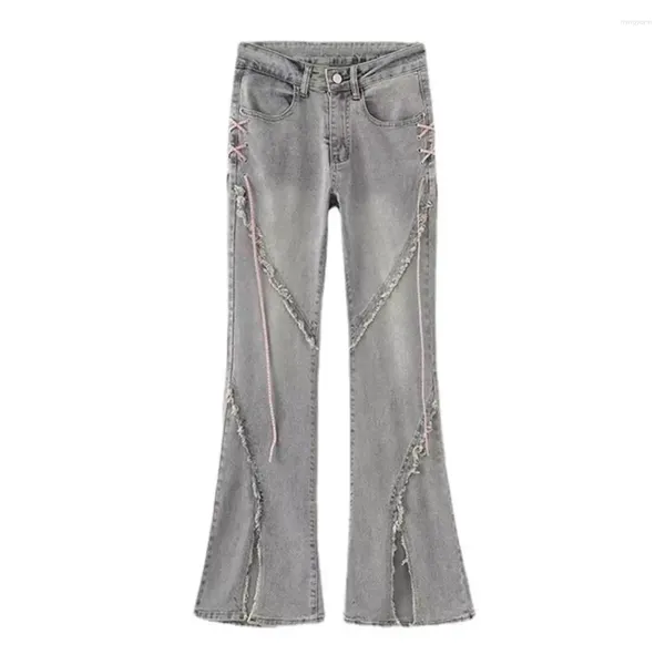 Jeans pour femmes, pantalon en Denim, taille haute, ourlet évasé, déchiré avec sangle, décor, détail Patchwork, Streetwear