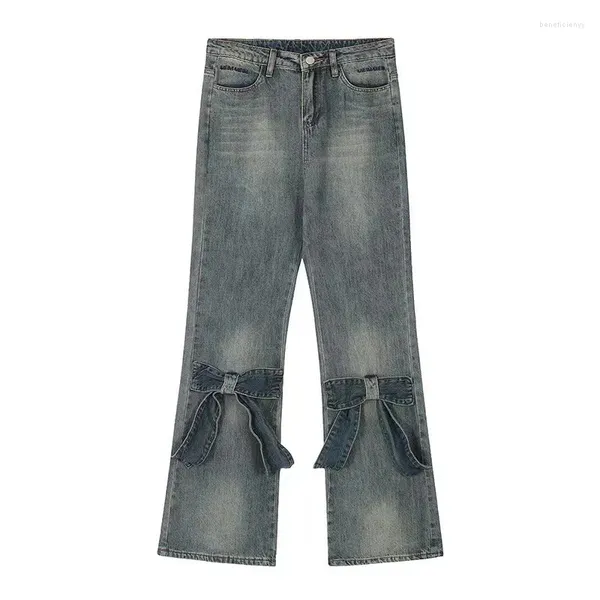 Jeans para mujer Pantalones de mezclilla Cintura alta Lavado Nudo de arco Campana Vintage Y2K Street Blast 2024 Primavera Otoño