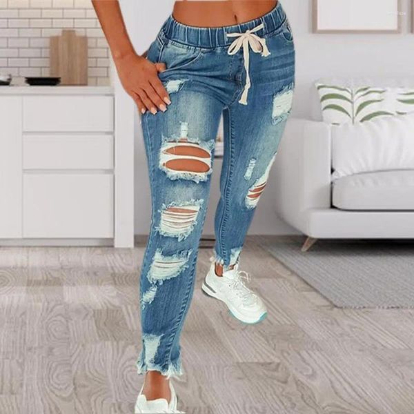 Jeans pour femmes pantalons denim dames crayons minces pure couleur pleine longueur lacet-up