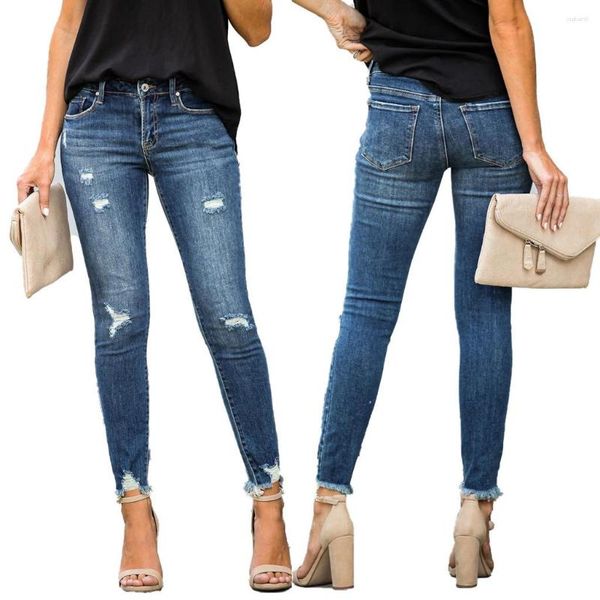 Pantalones de mezclilla de jeans para mujeres Perforado Casual con cintura alta y flaca