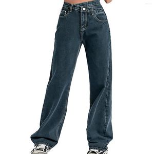 Jeans pour femmes Pantalon en jean Jambe droite Croisé Taille haute Bouton avec poche large Vêtements japonais Y2k