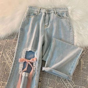 Jeans para mujer Pantalones de mezclilla Sweet Bow Lace-up Lace Hole Pantalón de pierna ancha Verano Cintura alta Y2k Japón Estilo Mujeres Harajuku Cinturón azul claro