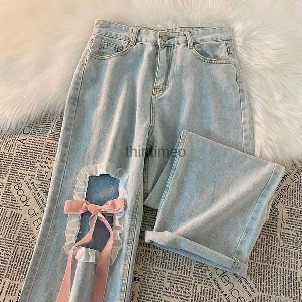 Pantalones de mezclilla de jeans para mujeres Sweet Bow Lace-up Panteras de pierna ancha Pantra de verano Summer y2k Jeans Jeans Women Women Harajuku Cinturón azul claro YQ231220