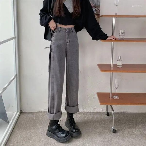 Jeans pour femmes Pantalons en denim Femme Taille haute S Gris pour femmes Pantalons à jambes droites avec poches brillantes en vente Tendance 2024 Style coréen