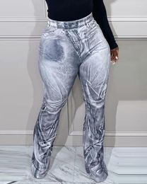 Jeans pour femmes en denim imprimé collants à taille haute et à pantalon de la longueur du sol