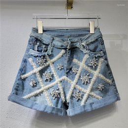 Short en Denim pour femme, pantalon d'été de Style coréen, doux, industrie lourde, strass, fleur, jambes larges