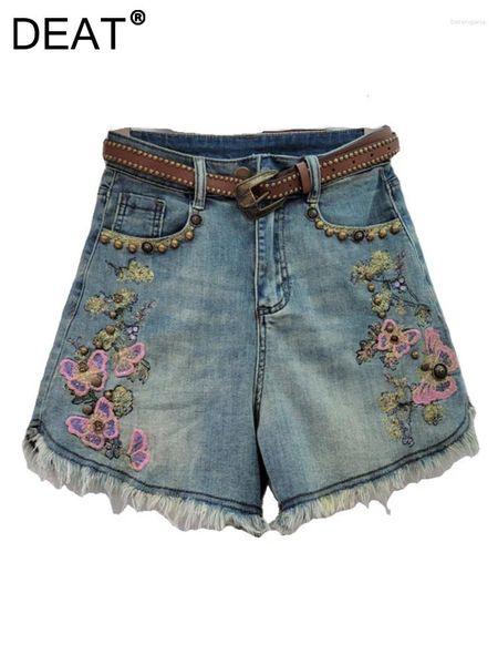 Jeans pour femmes shorts denim hauts hauts à la jambe large broderie fleurs papillon rivets rétro 2024 mode d'été 33a1329