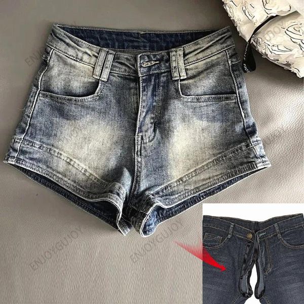 Jeans de femmes shorts denim invisibles ouverts ouverts en plein air sexe high street rétro pantalon slim design minimaliste à la mode