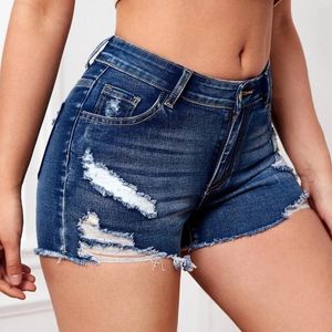 Short en Jean pour femme, taille moyenne, ourlet déchiré, extensible, avec poches, Sexy, été, 2024