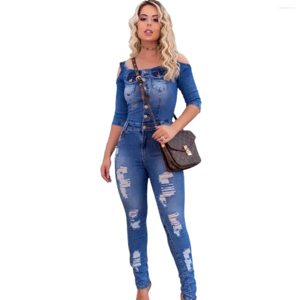 Jeans pour femmes, combinaison en Denim, coupe ajustée et amincissante, Camisole avec trous blancs de pulvérisation