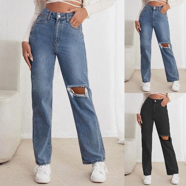 Jeans Femme Denim Pantalon Bouton Trou Pantalon Haut Poche Lâche Y2k Vintage Pour Femme 90s Vêtements