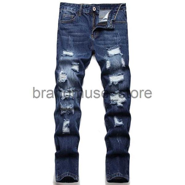 Jeans para mujer Pantalones de mezclilla Lavado recto con agujeros rasgados plisados Botón Skinny Biker Jeans Azul 2022 Slim Fit Jeans Hombres Pantalones Venta caliente J231226