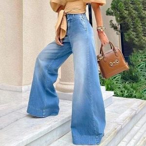 Jeans pour femmes Denim Femmes Mode Pantalon évasé 2023 Blanchi Large Jambe Pantalon Streetwear Lavé Bleu Long