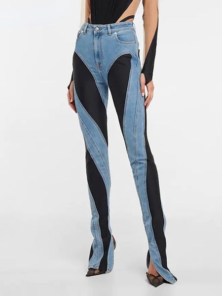 Jeans femme Design Patchwork pantalon automne mode Slim Fit déconstruit Patchwork taille haute fendu bleu Long 230209