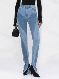 Damesjeansontwerp Patchworkwomen's broek Autumn mode dames slanke fit gedeconstrueerde patchwork hoge taille split blauw lang lang