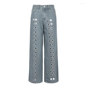 Damesjeans Design Sense Metal Eyes Lage taille Amerikaanse gepersonaliseerde rechte denimbroek Los casual 19F2031