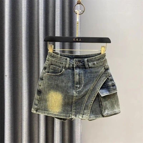 Jupe de travail de conception de jeans pour femmes pour les femmes 2024 haute taille rétro fille épicée un sac pantalon court hanche