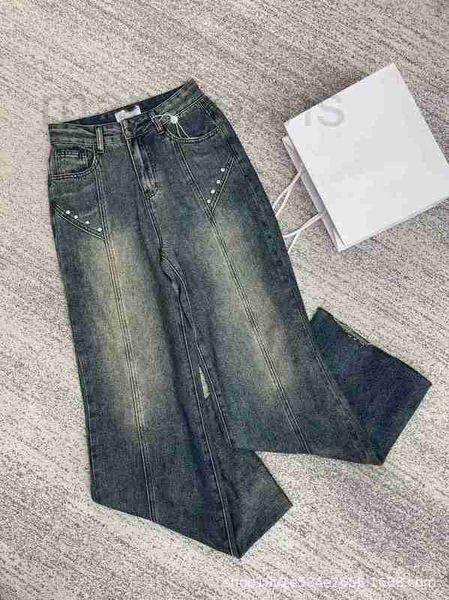 Jeans Femme Designer Automne/Hiver Épissage Nail Diamond Ragged Edge Jeans Femme Jambe Droite Slim Taille Haute Petit et Populaire Pantalon de Balayage au Sol