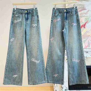 Dames jeans designer merk modieuze rechte been 24ch lente nieuwe geborduurde print losse high taille wide long pants voor vrouwen ikpj