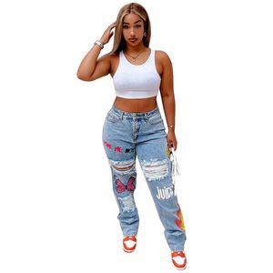 Damesjeans Designer Mode Luxe Topkwaliteit S Damesjeans Hartprint Denim Uitgesneden Distressed Voor Baddie-kleding Streetwear Hoge taille Baggy Pants Blauw