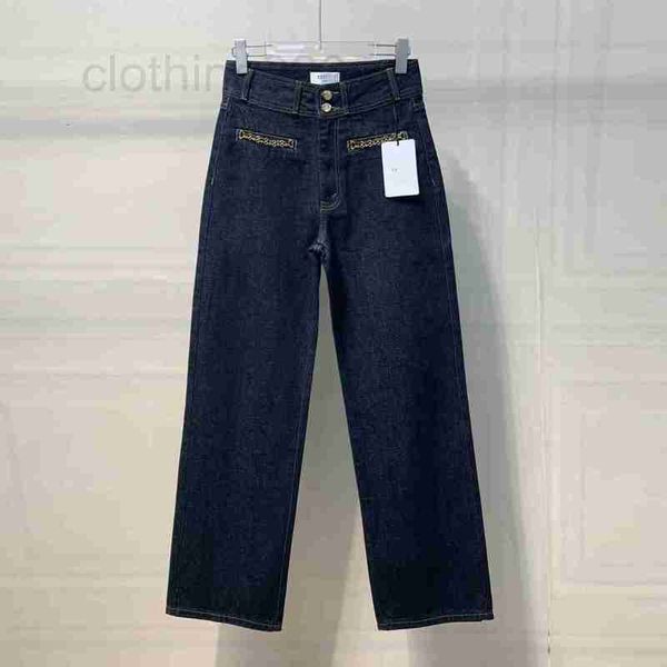 Jeans de mujer Diseñador de alta calidad Otoño Jeans nuevos Cadena de oro de las mujeres Diseño antiguo Pantalones de pierna recta de cintura alta 5BMT