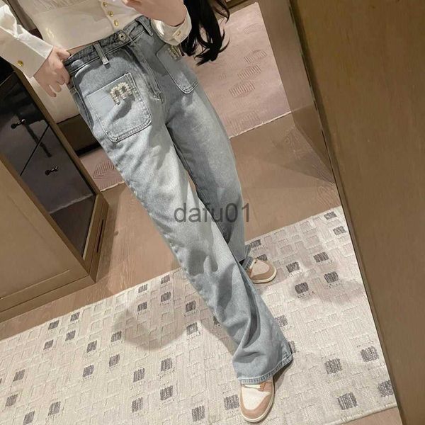 Jeans para mujer Jeans de diseñador Bolsillo Taladro de uñas Carta Bordada Pantalones de mezclilla Primavera Cintura alta Piernas anchas Jeans desgastados Ropa para mujer x0914