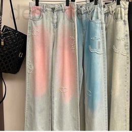 Dames jeans ontwerper originele standaard hoogwaardige handsewn gradient jeans met parels, dames rechte been brede broek, losse en afslanke Koreaanse stijl 0 kfr