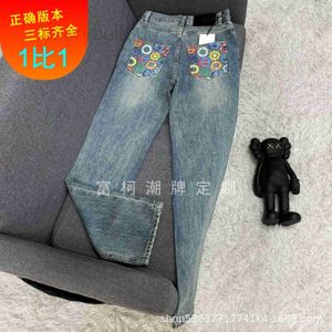 Dames jeans ontwerper zomer nieuwe achterzak regenboog ring print recht gewassen gat xszr