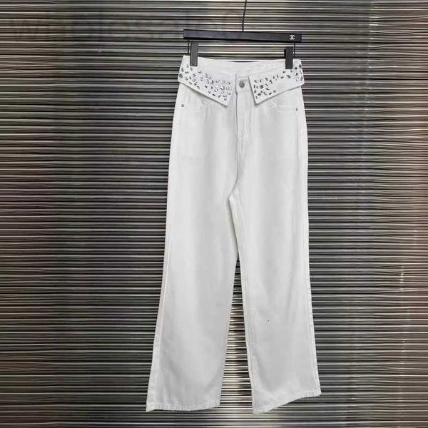 Jeans pour femmes Designer Blanc Heavy Industry Miu Flipped Edge Diamant laminé à chaud Jambe droite Large Printemps et Automne Nouveau Pantalon de balayage au sol MK4A