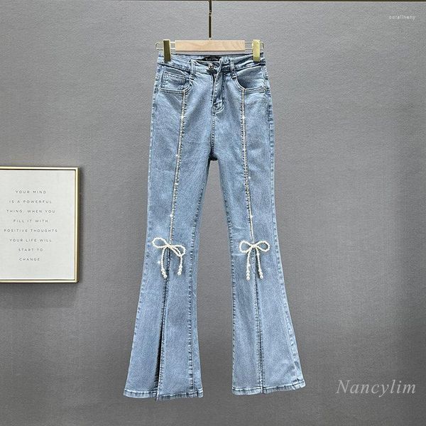 Jeans pour femmes Diamond Denim Bell-Bottom Pantalon Skinny Stretch Flare Femmes 2023 Printemps Été Taille Haute Minceur Perle Arc Split Pantalon