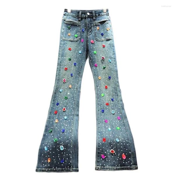 Jeans Femme Diamant Pour Femmes 2024 Automne Taille Haute Slim Fit Perlé Denim Boot Cut Pantalon Femme Pantalon Tendance Y4198